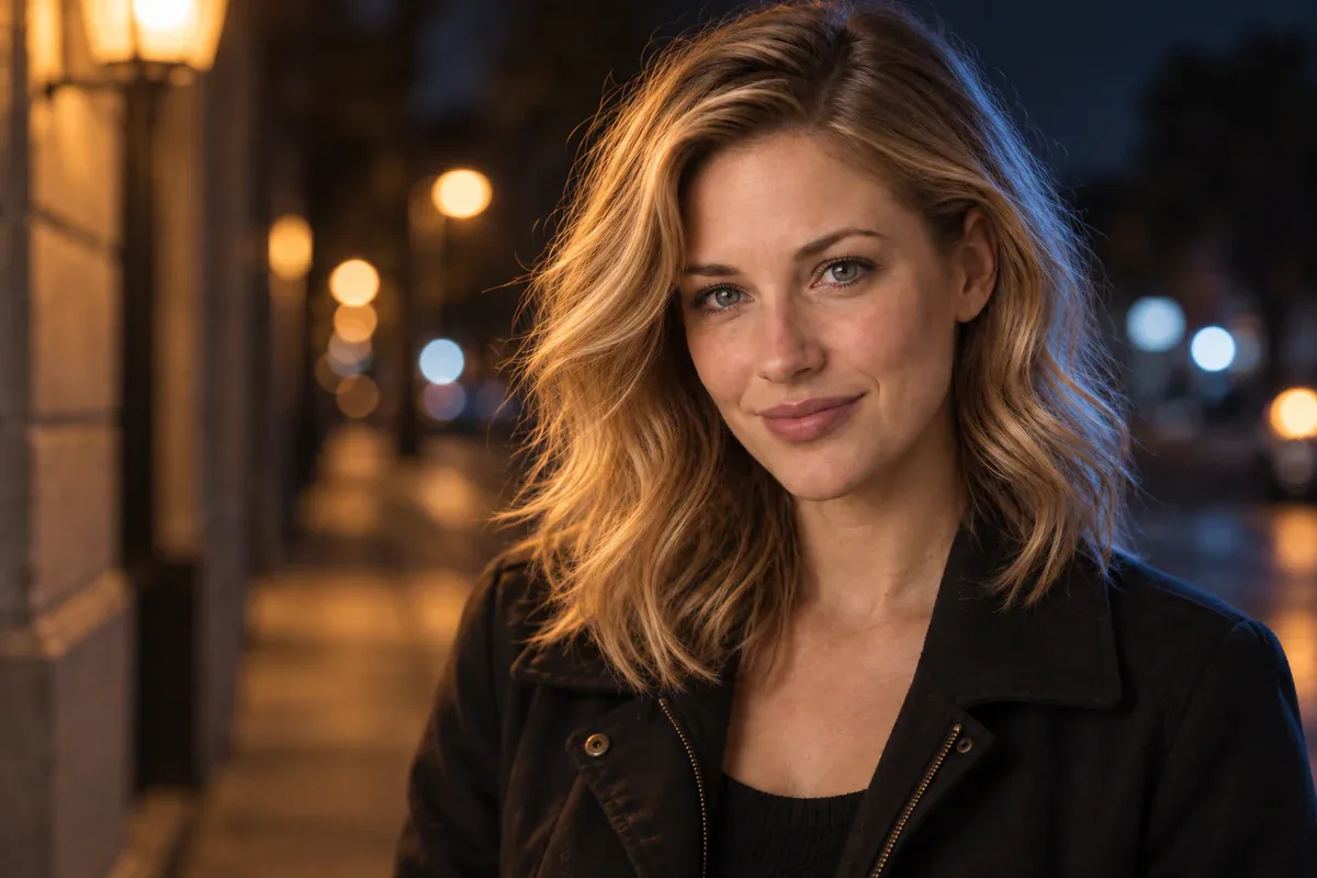 Warm light illuminates the face while blue rim light outlines the hair and jacket in a night-street portrait