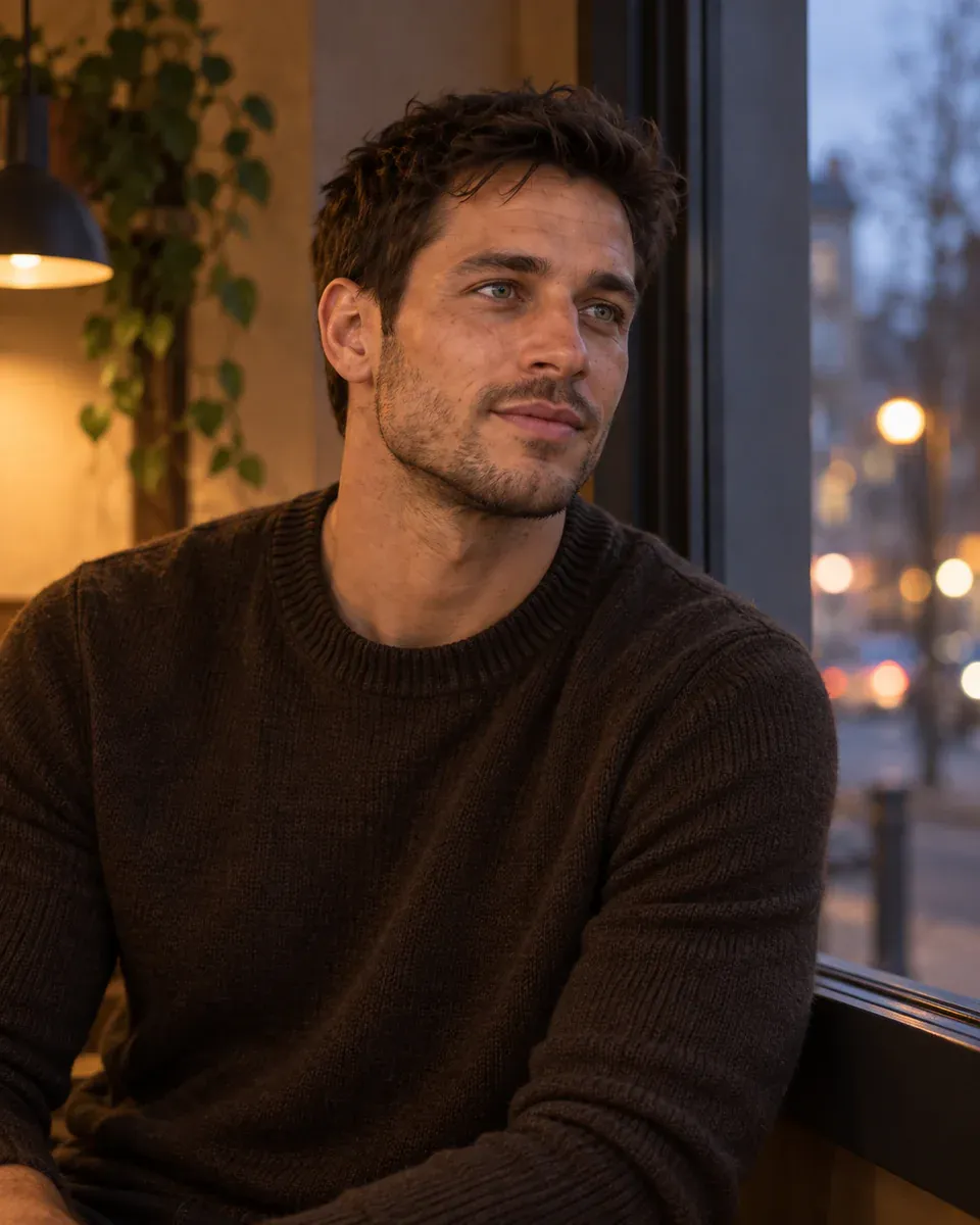 A café portrait at dusk contrasts warm light on the face with the blue-gray scene outside the window