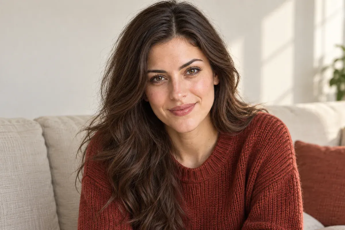 A warm living-room portrait uses a light film texture without obscuring the eyes or clothing details