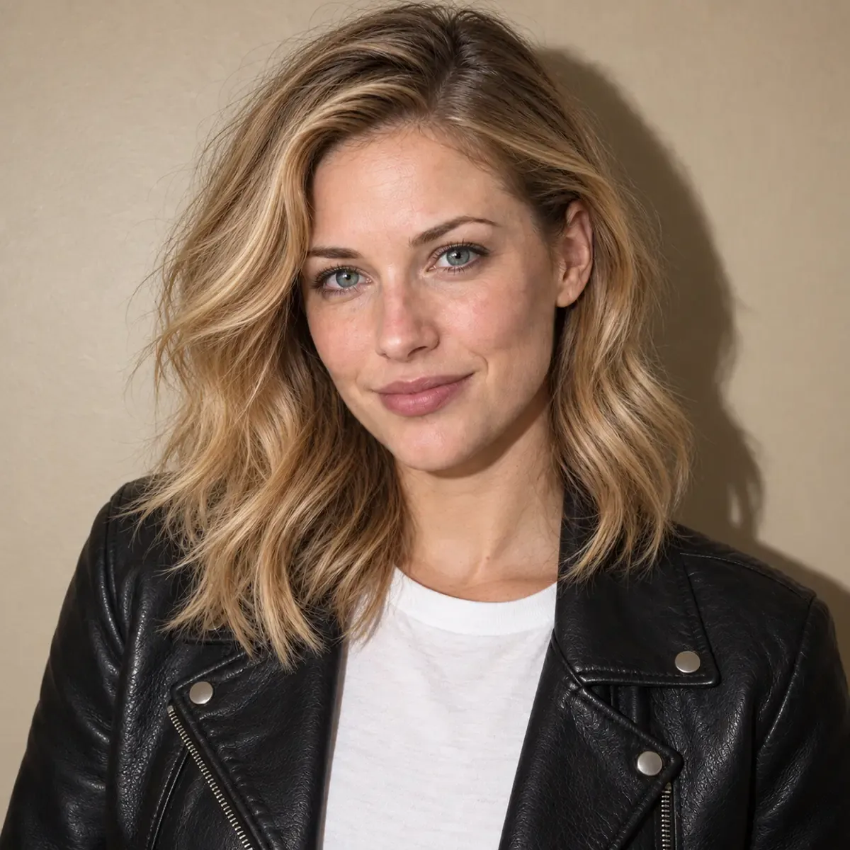 A direct-flash portrait against a warm-beige wall has clear outlines and a consistent shadow direction