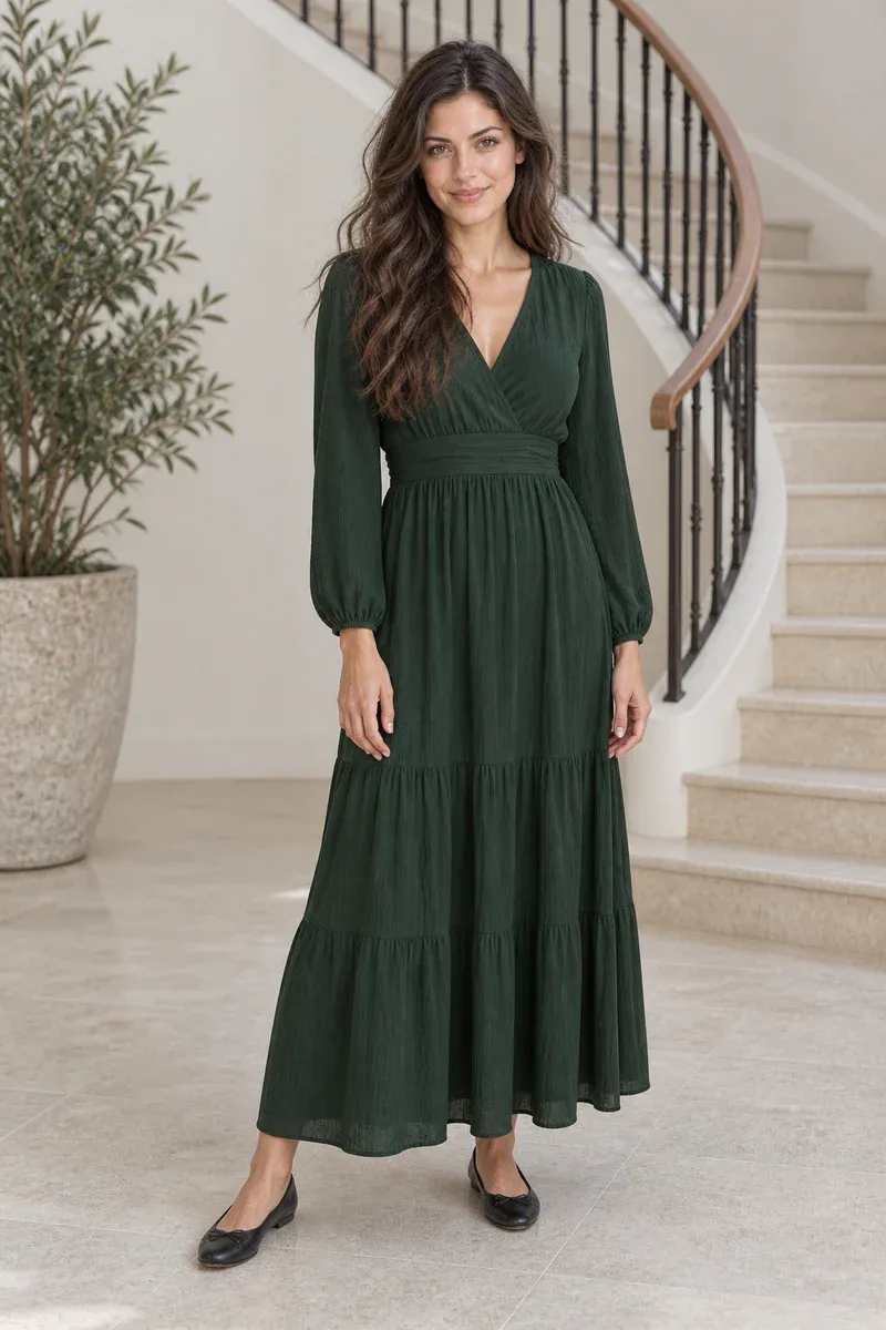 A full-length fashion portrait beside a curved staircase shows the dress hem, hands, and shoes completely