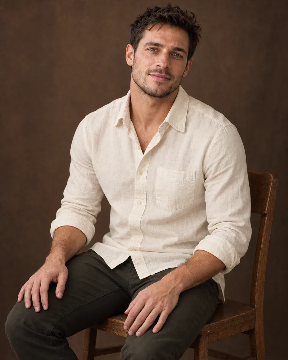 A seated vintage portrait uses a deep-brown backdrop and soft light while keeping shirt and skin texture clear