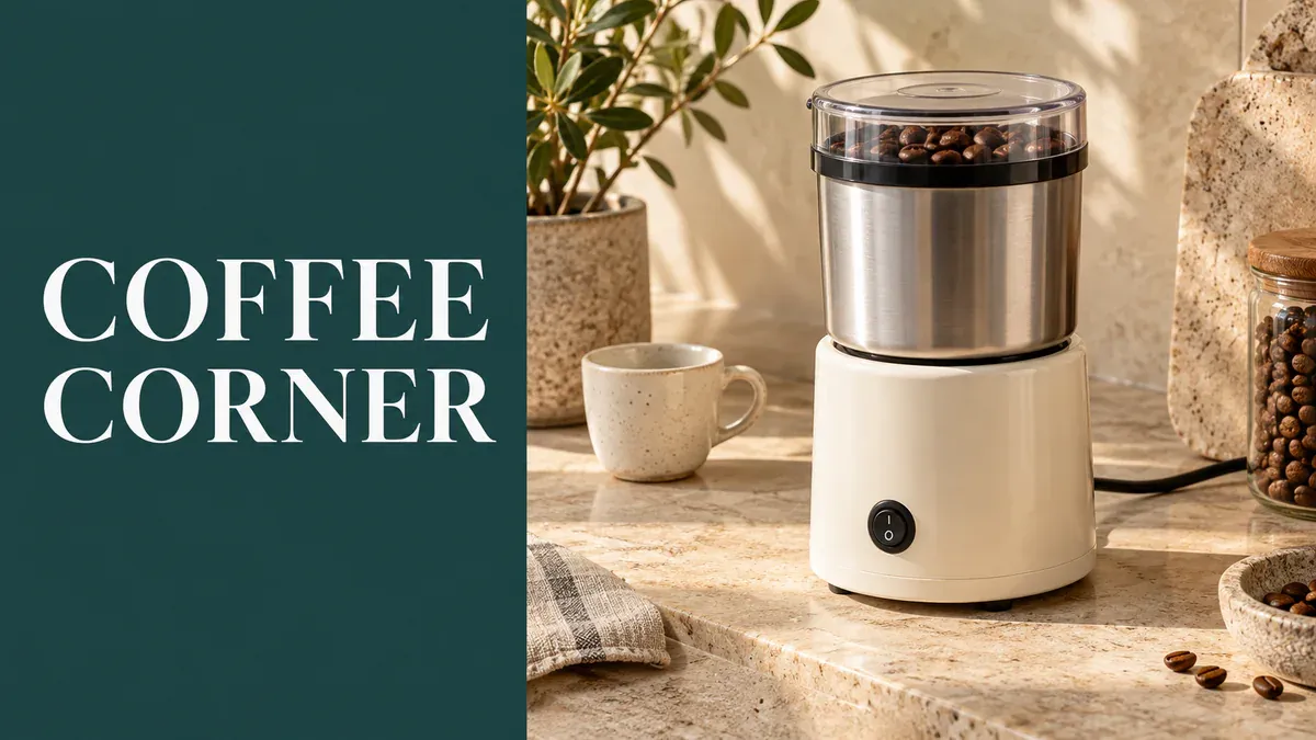 A coffee-grinder lifestyle layout pairs a short heading with a clear product scene. A coffee-grinder lifestyle layout pairs a short heading with a clear product scene.