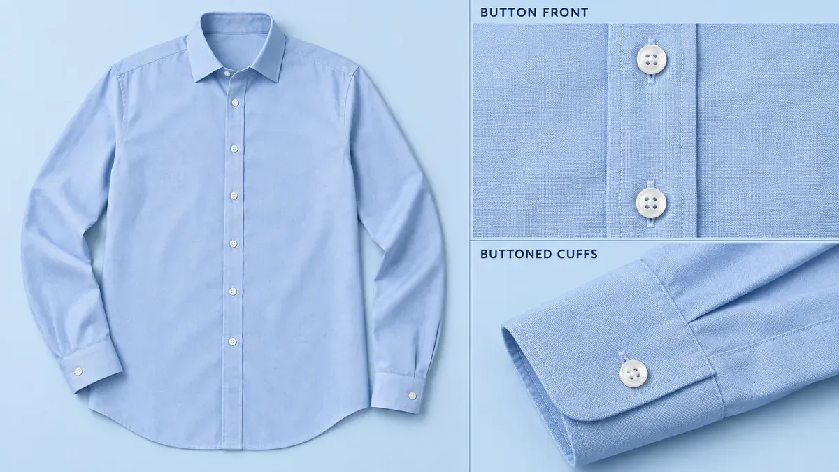 A shirt overview sits beside separate close-ups of the button front and buttoned cuff. A shirt overview sits beside separate close-ups of the button front and buttoned cuff.