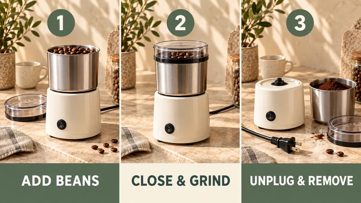 Three-step layout illustration: add beans, close and grind, then unplug and remove; use separate images and text fields in the actual A+ module. Three-step layout illustration: add beans, close and grind, then unplug and remove; use separate images and text fields in the actual A+ module.