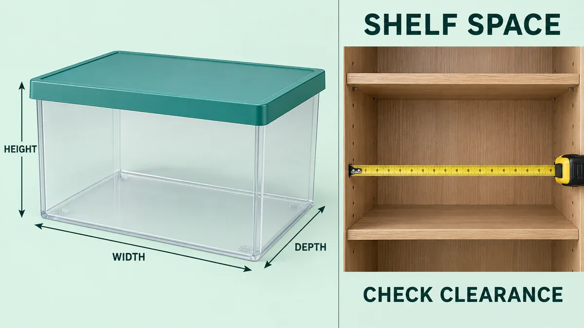 The storage-box illustration separates width, depth, and height from the available shelf space. The storage-box illustration separates width, depth, and height from the available shelf space.