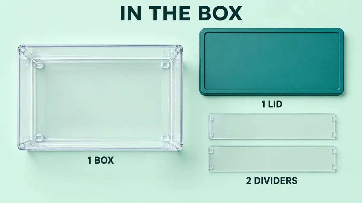 The illustrated set contains one box, one matching lid, and two separate divider panels. The illustrated set contains one box, one matching lid, and two separate divider panels.
