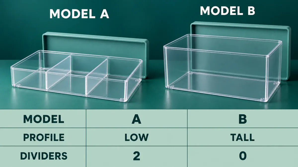 Illustrative Model A has a low profile and two dividers; Model B is taller and has no dividers. Illustrative Model A has a low profile and two dividers; Model B is taller and has no dividers.