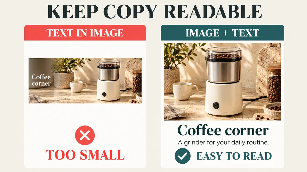 Mobile readability comparison: text inside a wide banner becomes small, while separate copy remains easier to read. Mobile readability comparison: text inside a wide banner becomes small, while separate copy remains easier to read.