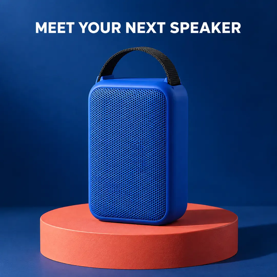 A blue speaker stands on a coral-red circular pedestal against a deep-blue background, with its full silhouette making the new product the focus A blue speaker stands on a coral-red circular pedestal against a deep-blue background, with its full silhouette making the new product the focus