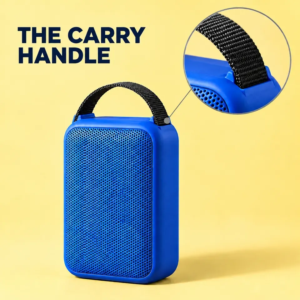 A handle-focused ad uses a magnified detail to show where the webbing attaches to the top of the speaker A handle-focused ad uses a magnified detail to show where the webbing attaches to the top of the speaker
