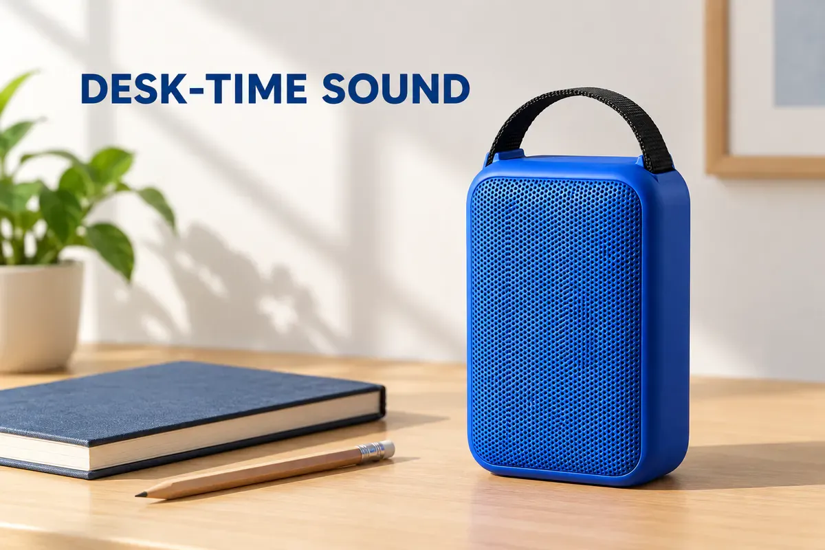 A speaker and notebook on a light wood desk create an everyday setting, with a simple headline area on the left A speaker and notebook on a light wood desk create an everyday setting, with a simple headline area on the left