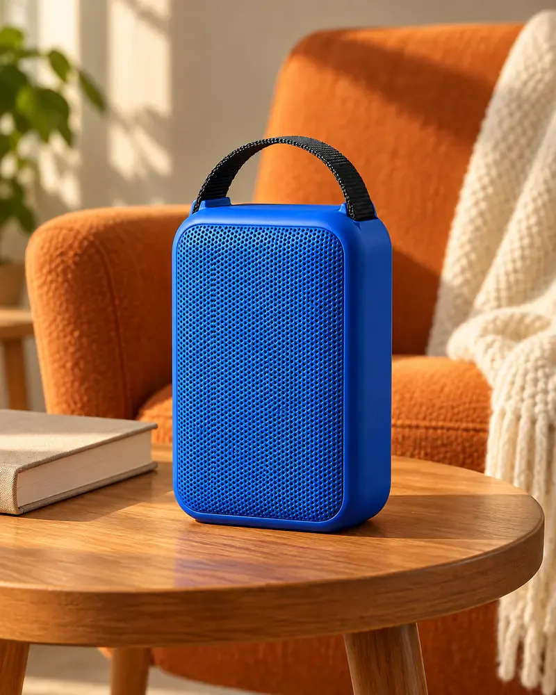 A blue speaker sits on a side table beside a reading chair, contrasting with the warm-orange surroundings A blue speaker sits on a side table beside a reading chair, contrasting with the warm-orange surroundings