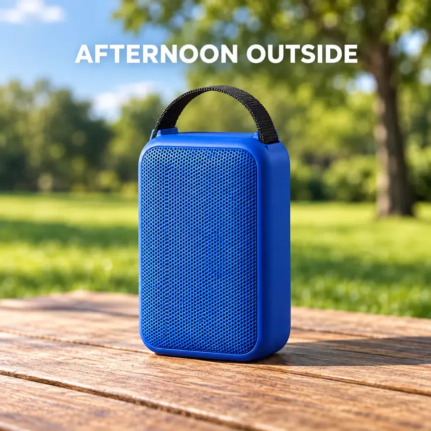 A speaker on a dry picnic table with grass in the distance establishes an outdoor leisure setting without splashes or performance badges A speaker on a dry picnic table with grass in the distance establishes an outdoor leisure setting without splashes or performance badges