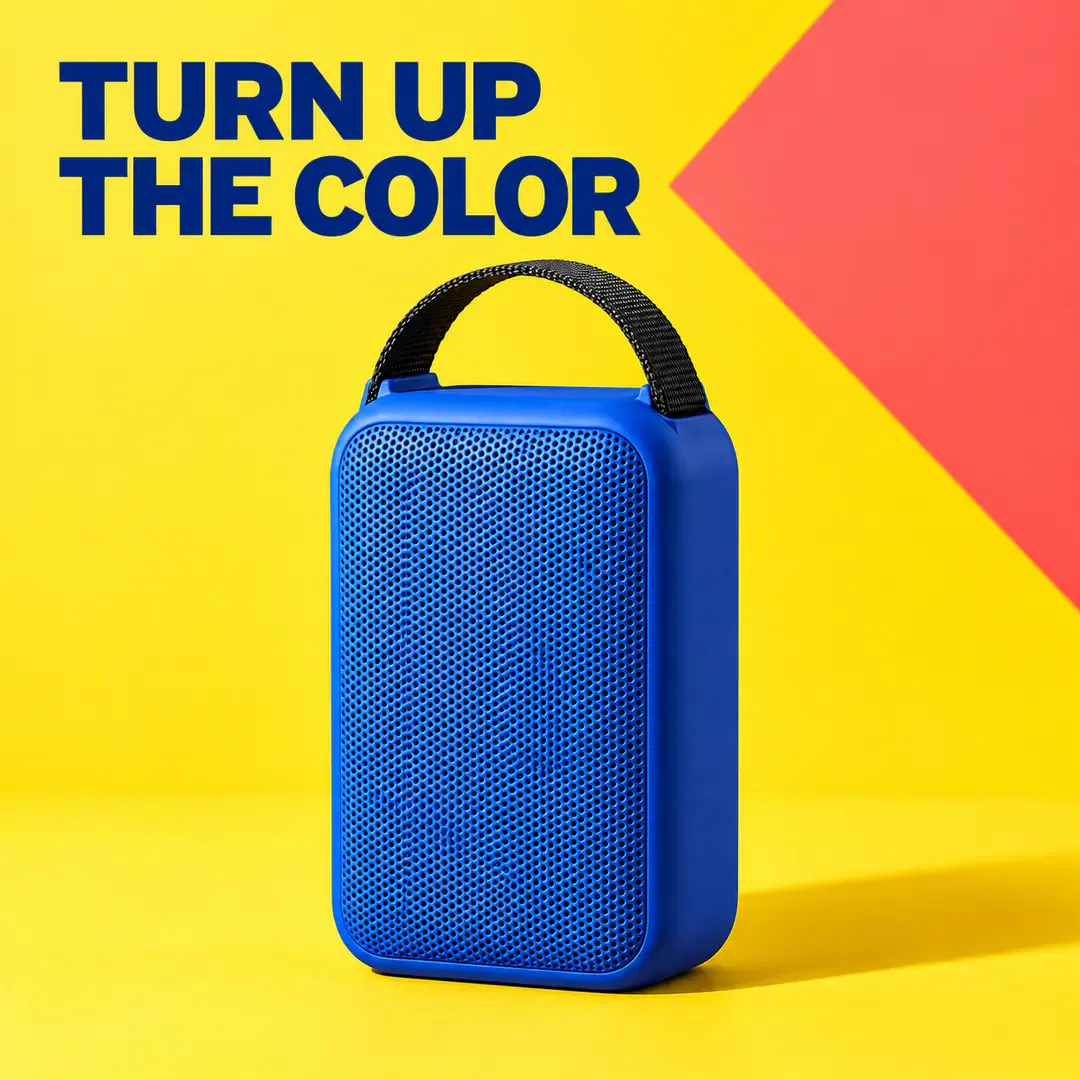 A yellow background and coral-red color block frame the blue speaker, with separate areas for the large headline and product A yellow background and coral-red color block frame the blue speaker, with separate areas for the large headline and product