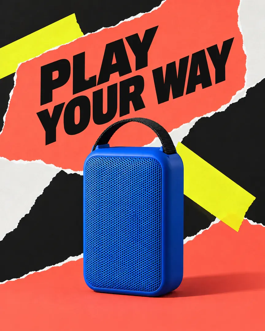 An intact speaker stands in front of torn-paper and fluorescent-color collage elements, with an angled headline adding energy An intact speaker stands in front of torn-paper and fluorescent-color collage elements, with an angled headline adding energy