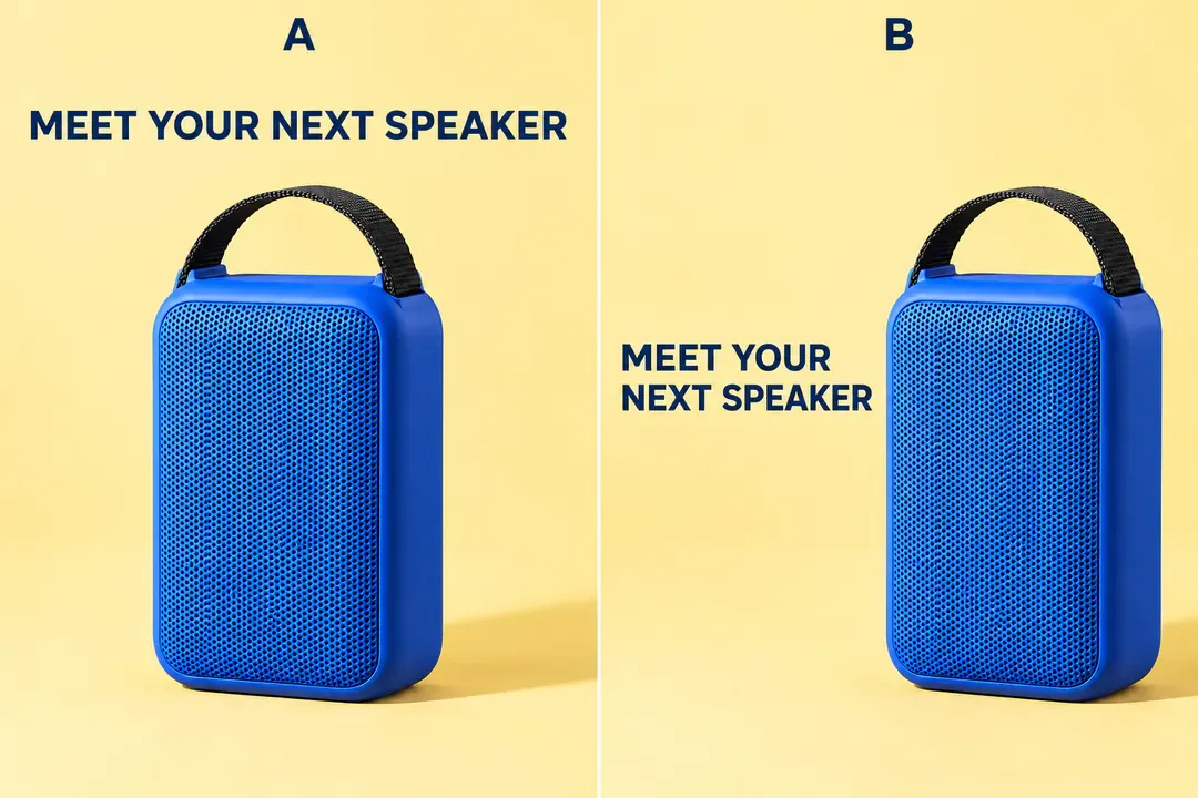 Layouts A and B use the same speaker and headline, changing only the positions of the product and text Layouts A and B use the same speaker and headline, changing only the positions of the product and text