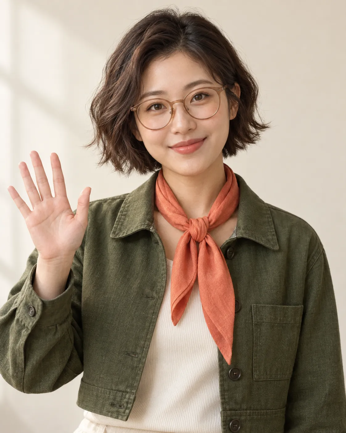 深棕色波浪短发女性戴圆框琥珀色眼镜,穿苔绿色夹克和珊瑚橙围巾,在奶油色背景前挥手