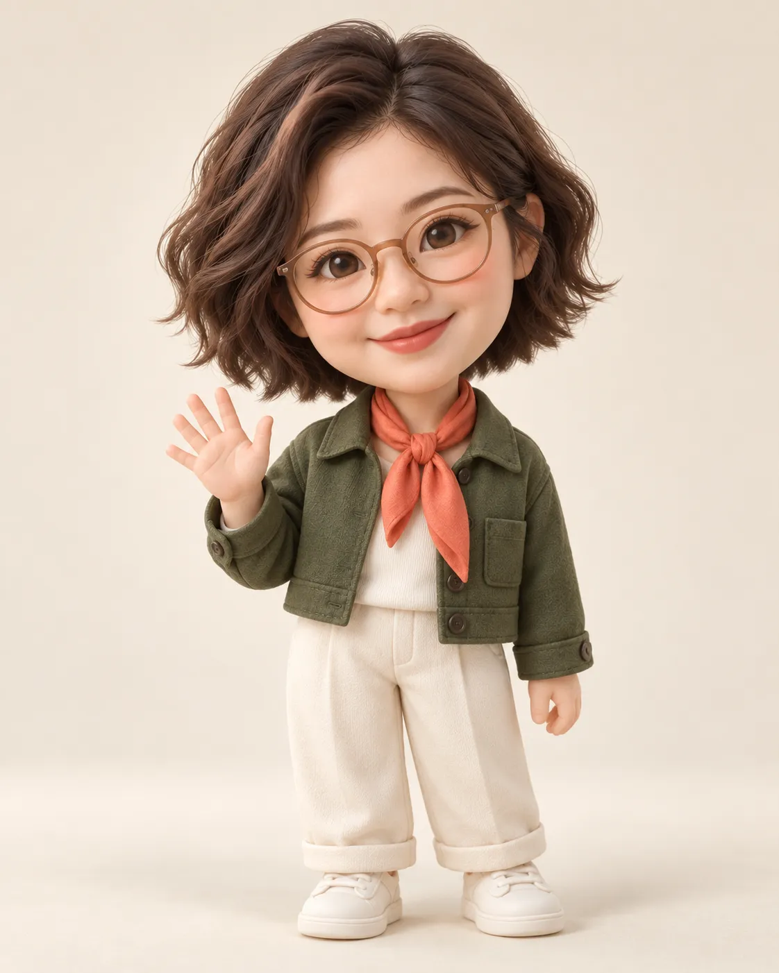 同一位短发眼镜女性被转绘成哑光树脂质感的柔和3D Q版角色