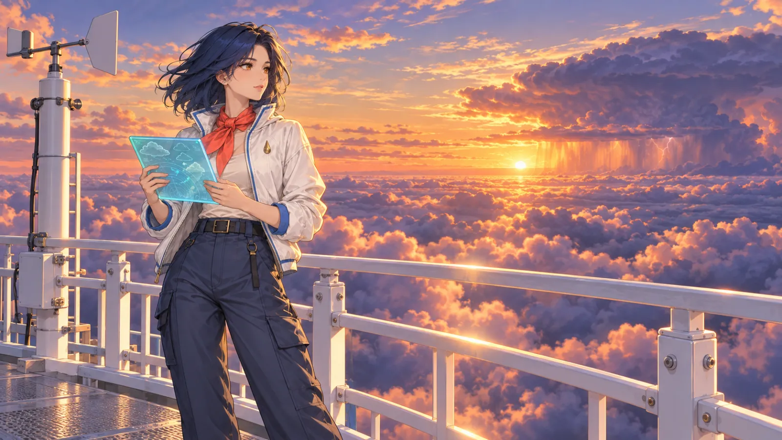 原创角色动漫主视觉 原创动漫角色绫澜站在日落云海中的高空气象站观察天气
