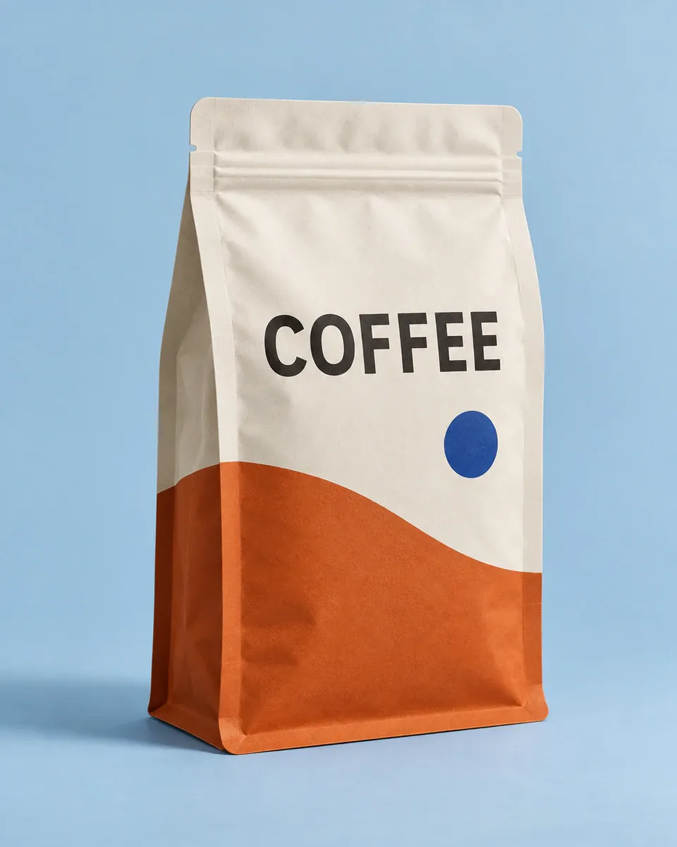 Ivory and orange coffee pouch with the product name on the flat area below the zipper