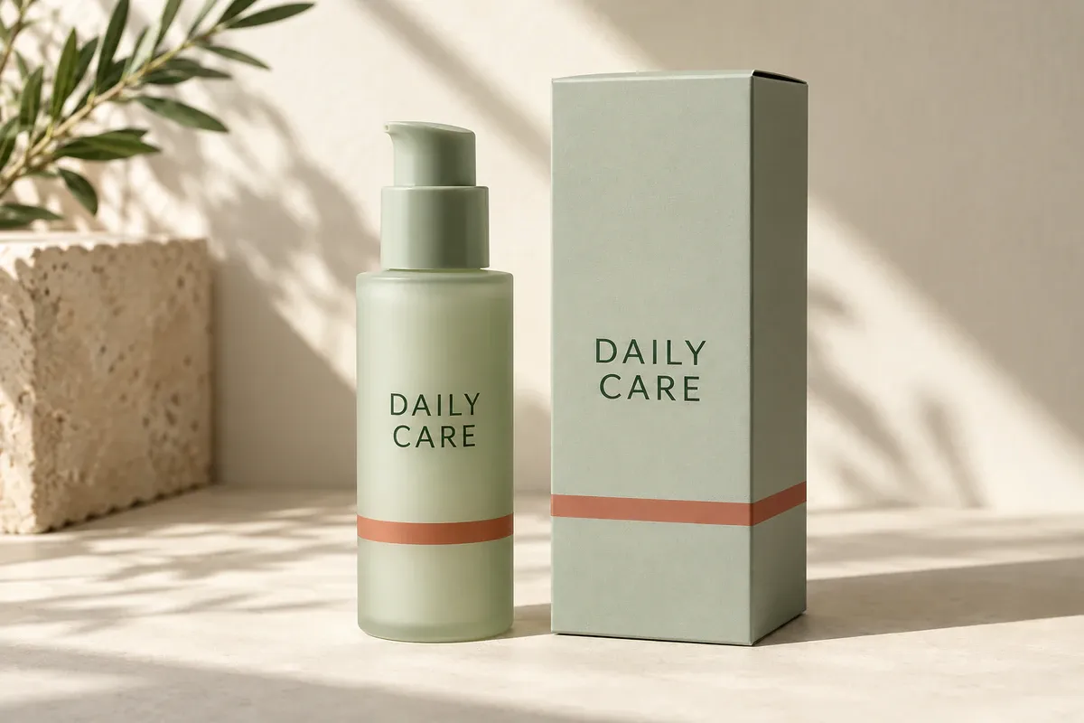 Pale-sage skincare bottle and carton sharing DAILY CARE lettering and a terracotta band