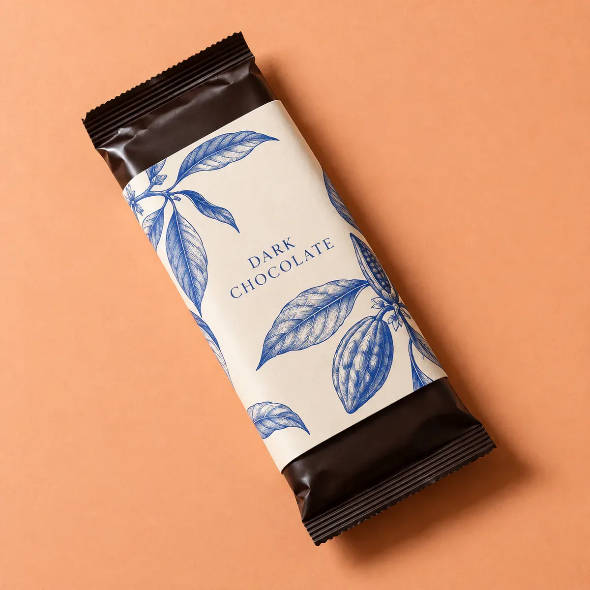 Cream chocolate sleeve around the middle, with dark inner wrapping visible at both ends