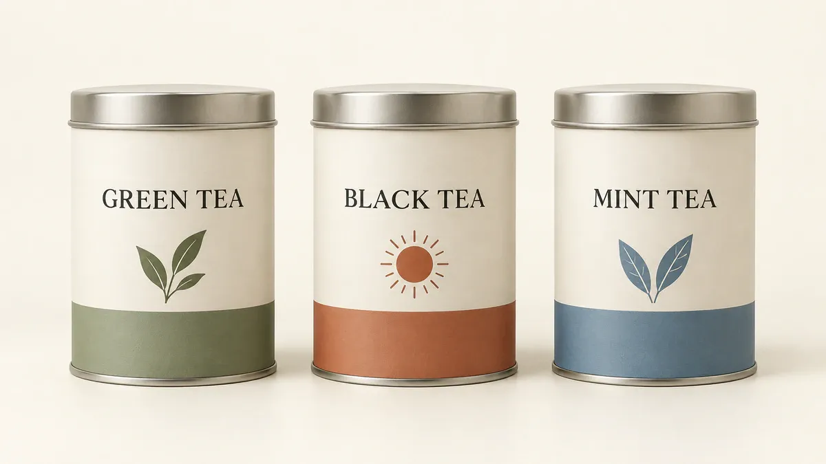 Three matching tea tins with consistent lettering and different bands and symbols