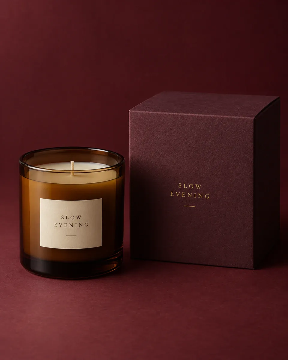 Amber candle jar beside a plum-colored box, with side lighting revealing the different materials