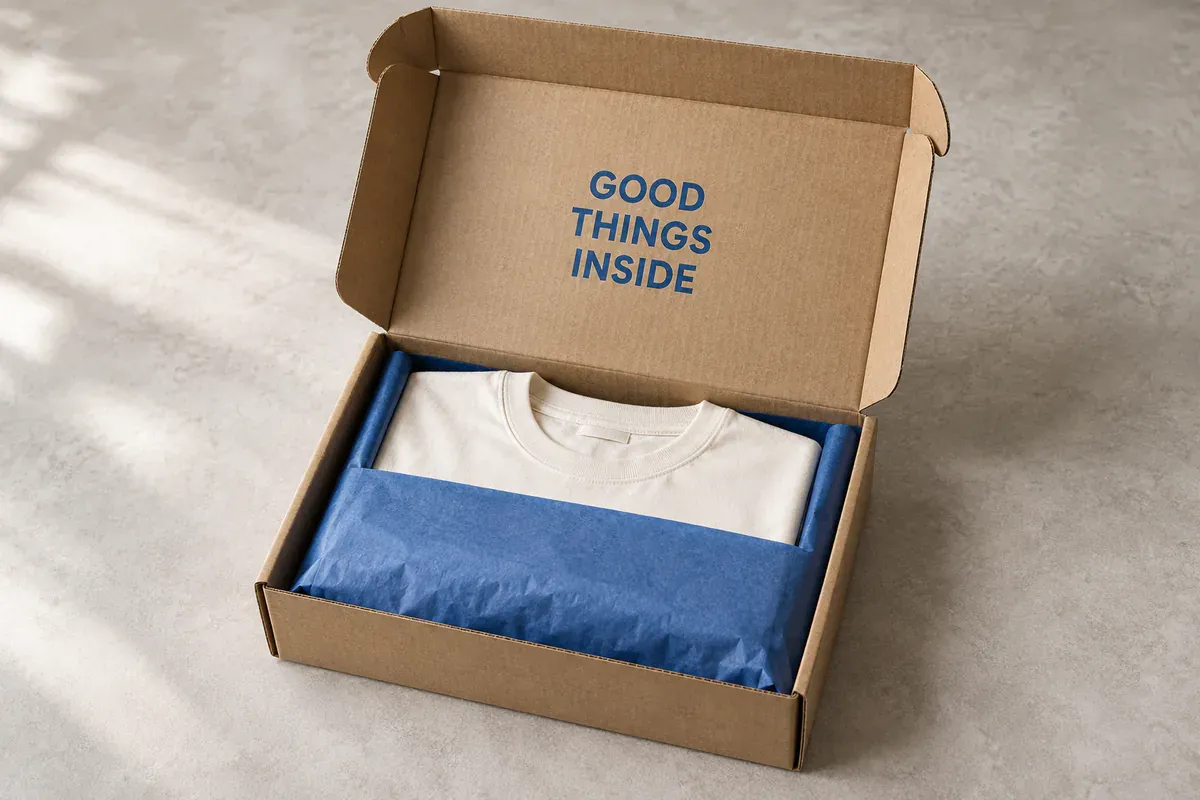 Open apparel mailer with a message inside the lid and blue tissue partly covering a folded shirt