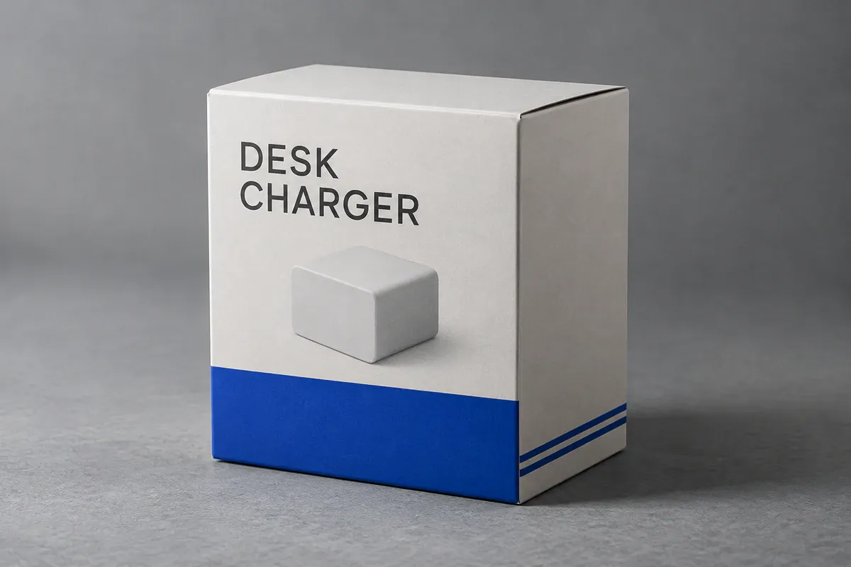 Electronics carton with a product title and simplified placeholder shape, without invented specifications