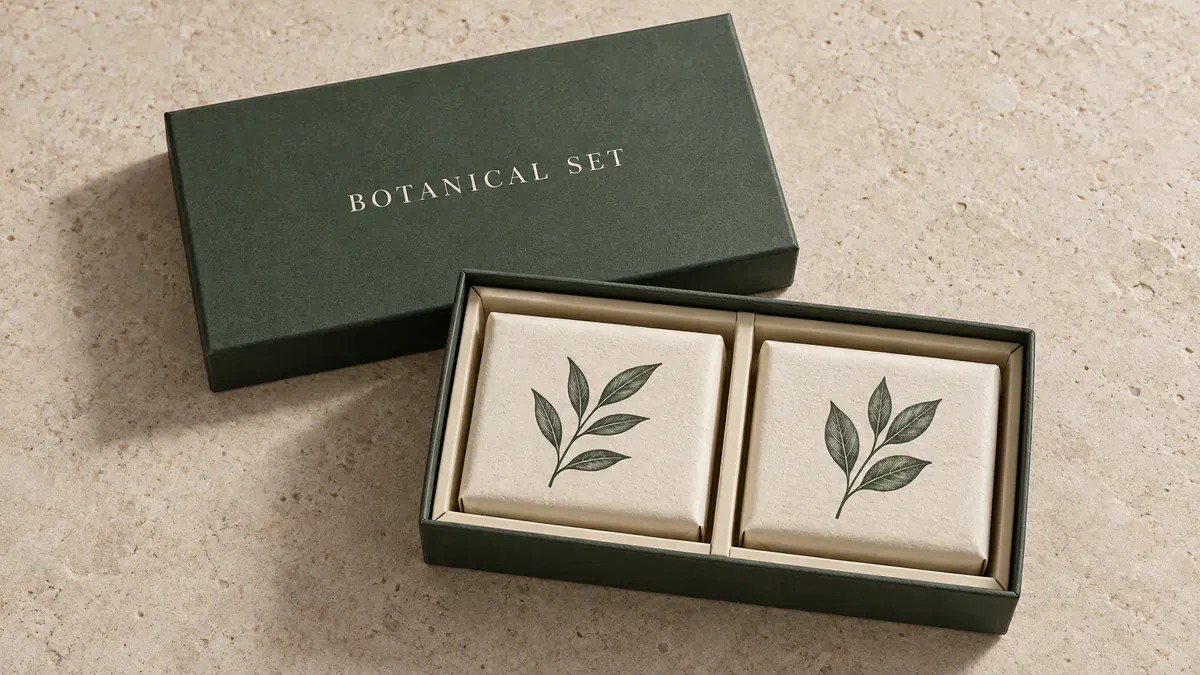 Two wrapped soaps in separate compartments, with a central divider and a detached lid behind the box