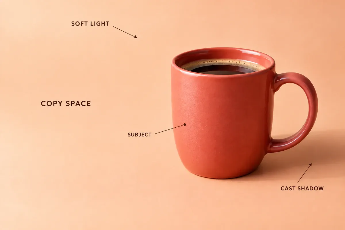 English annotations identify the cup’s position, open space on the left, light direction, and cast shadow
