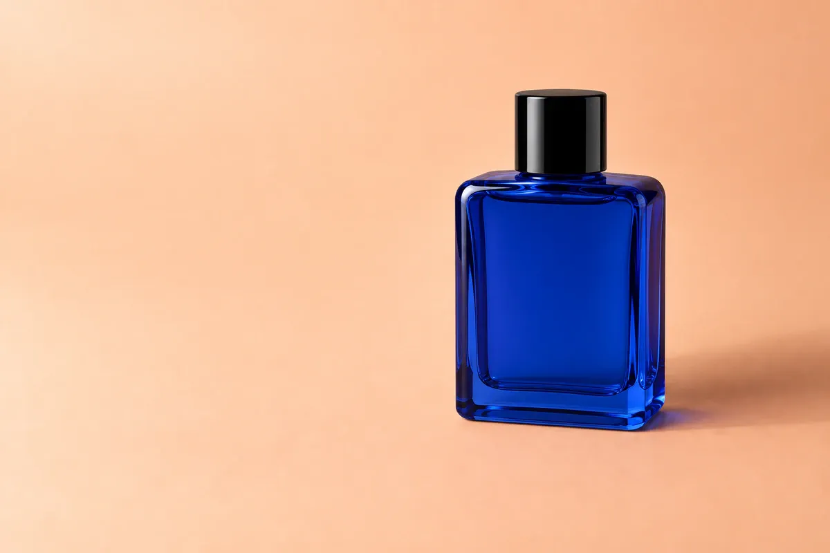 A cobalt-blue glass bottle uses the pale apricot setting and right-hand composition, with transmitted light and edge highlights showing the glass material