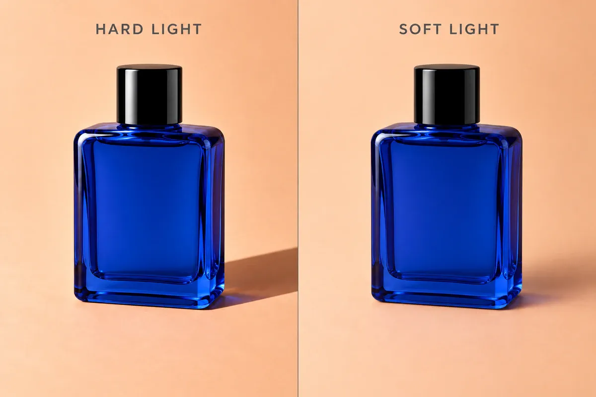 Two lighting illustrations of the same blue bottle: harder shadow edges on the left and softer shadow edges under soft lighting on the right