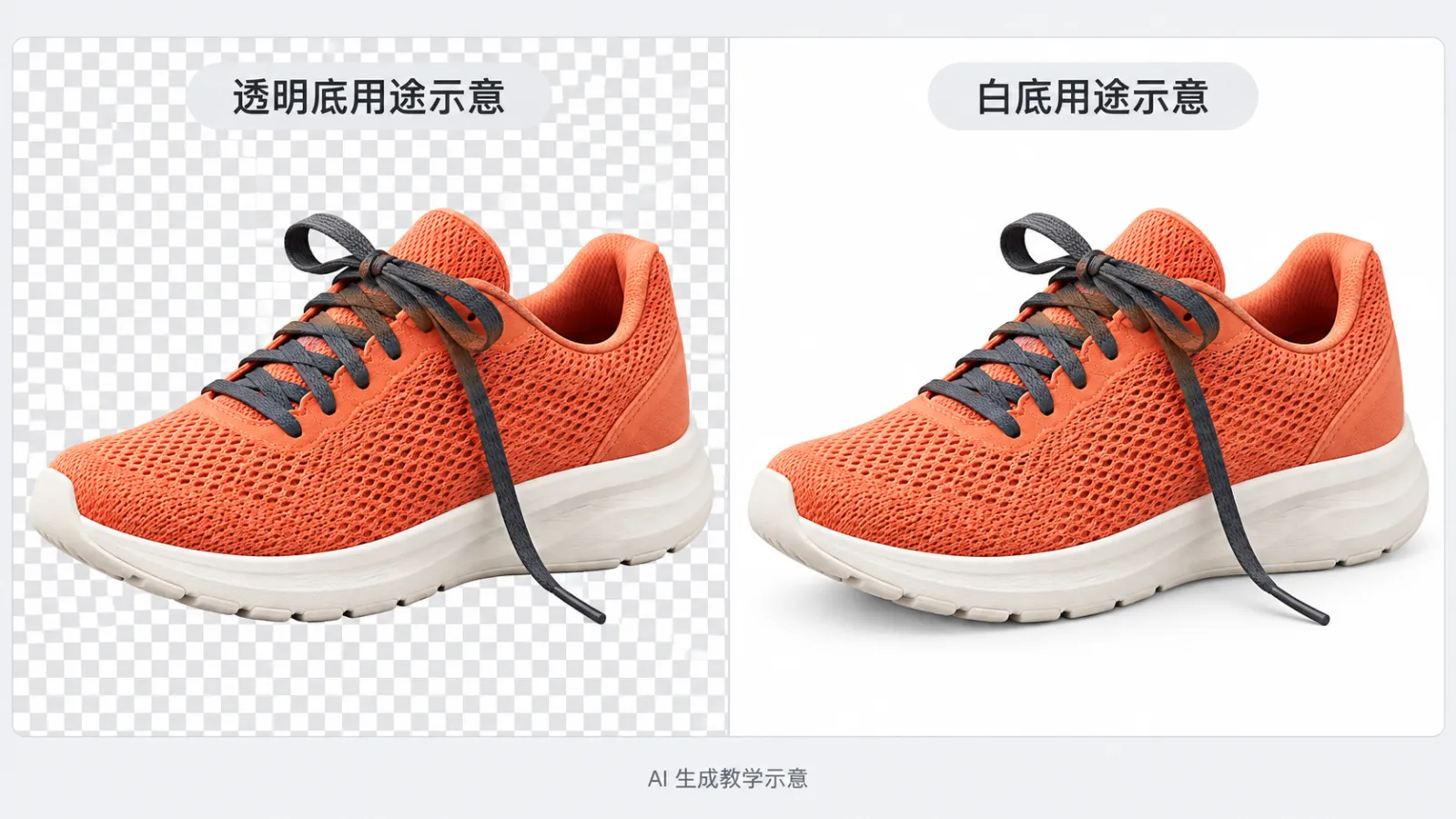 同一珊瑚橙跑鞋分别显示在棋盘格预览背景与白色背景上,说明两种素材用途