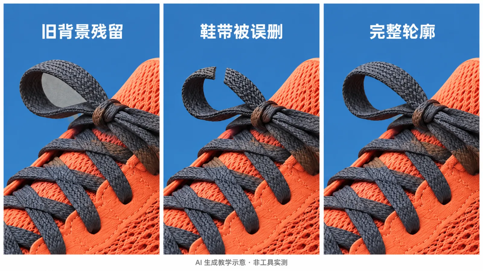同一深灰鞋带环在蓝底上分别展示旧背景残留、局部误删和完整轮廓