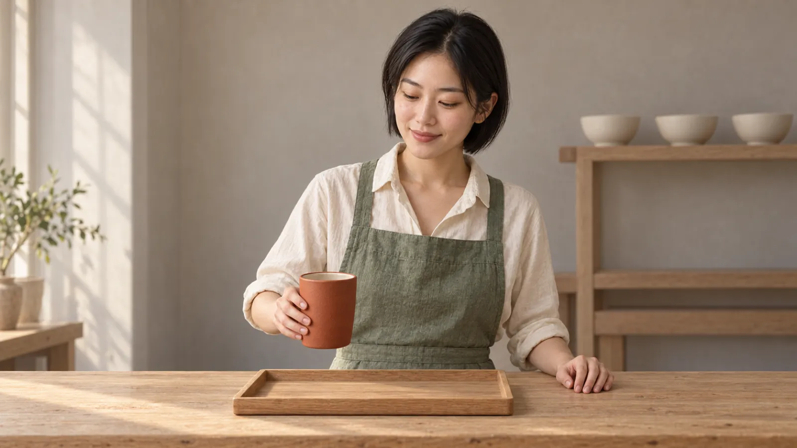 陶艺师在左侧窗光中手持陶杯，空托盘位于下方，右后方木架摆有三个陶碗