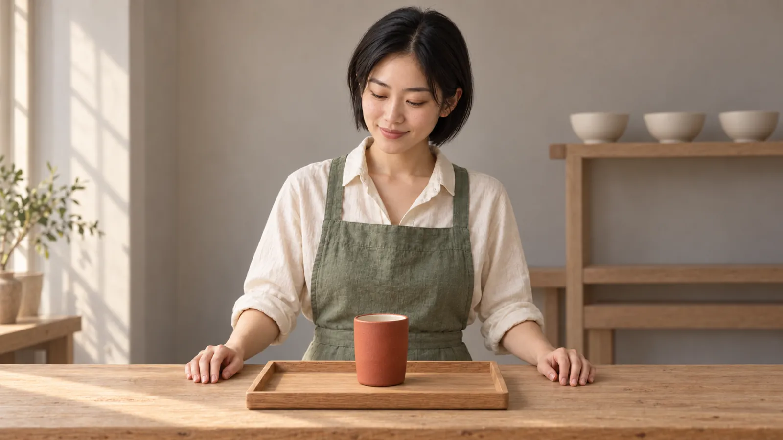 赭红陶杯直立在托盘中央，陶艺师双手离开杯身，示意动作的结束状态
