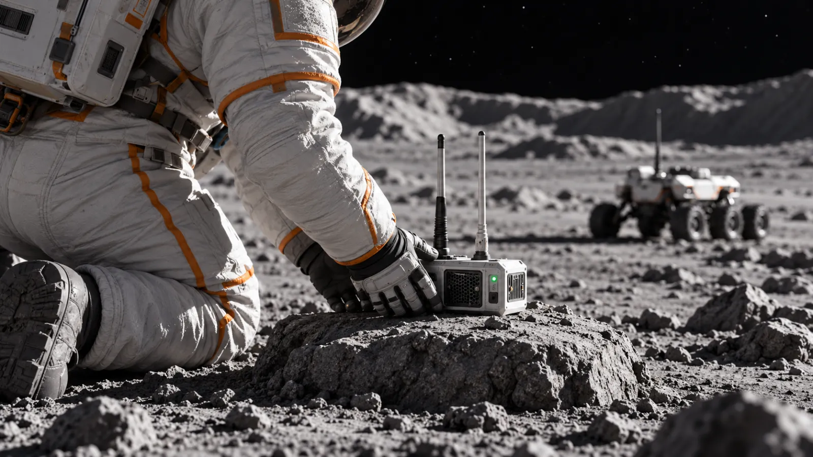 Astronaut Ari securing a two-antenna radio relay on a lunar rock with a rover behind
