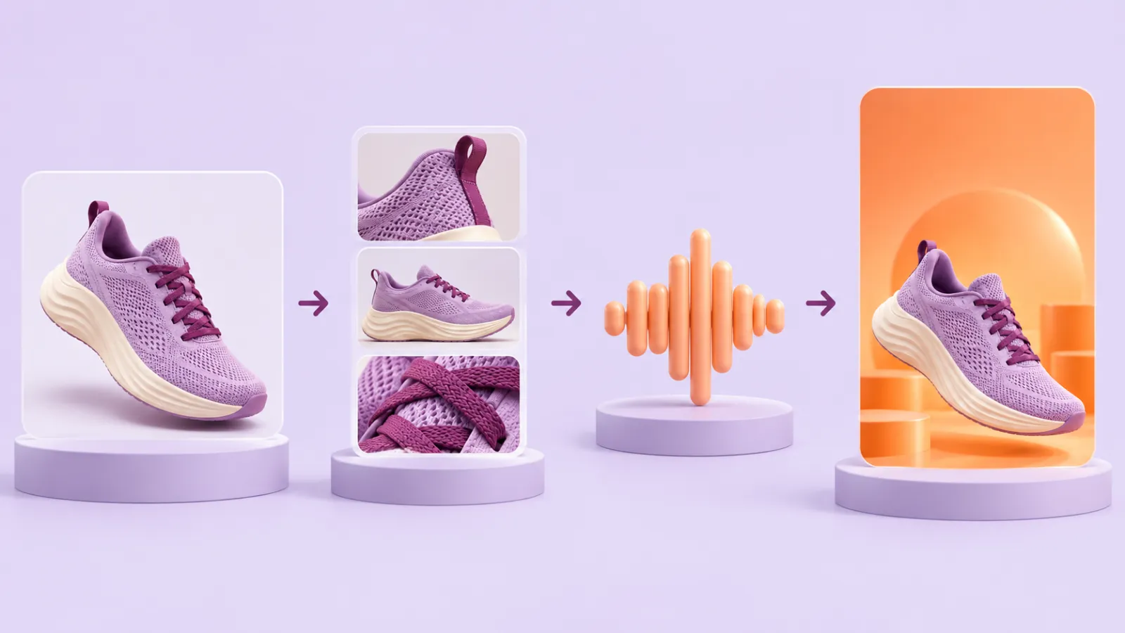 A lavender sneaker workflow with reference, shot studies, sound and a final vertical composition