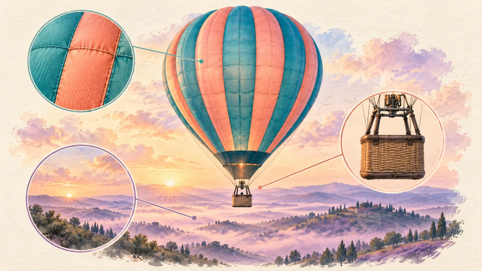 A teal-and-coral balloon scene brief with fabric, basket and valley detail studies