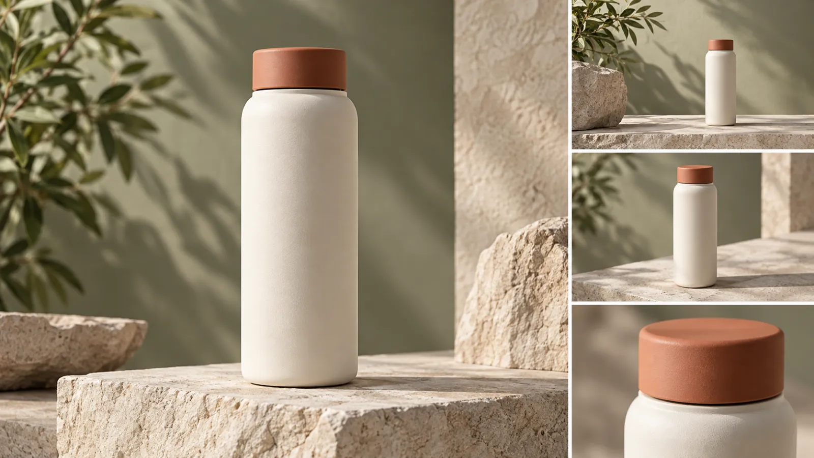 An unbranded cream bottle and three matching product storyboard compositions