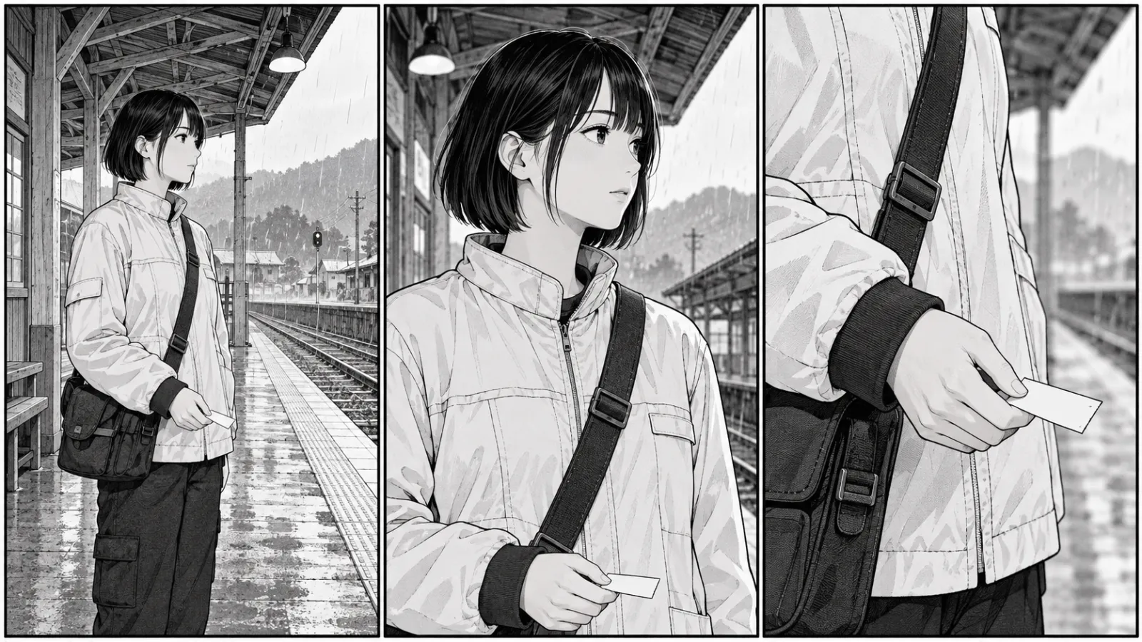 Three original black-and-white panels of an adult courier holding a blank ticket on a station platform
