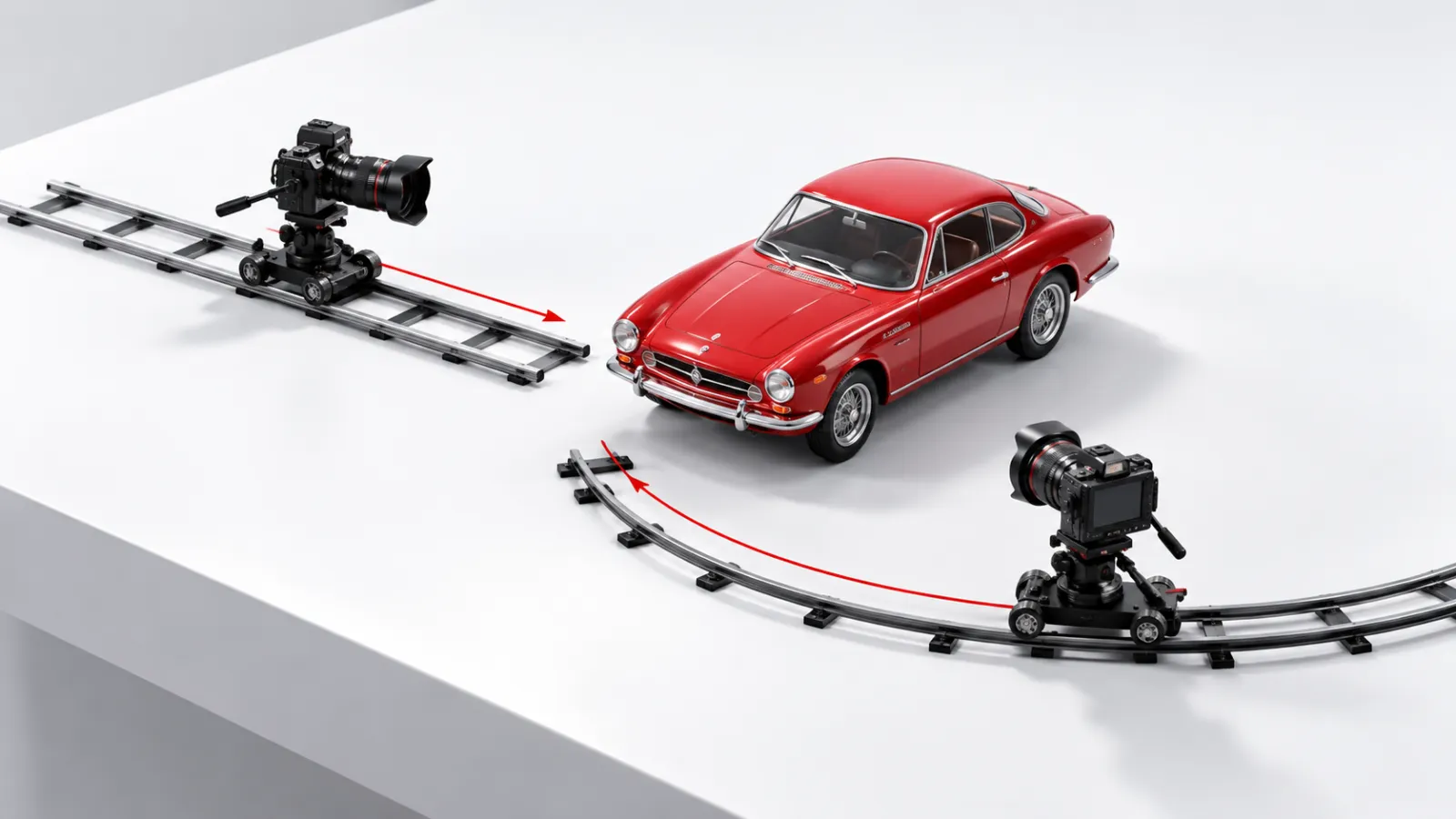 A red model car and two cameras on straight and curved tracks in a white studio