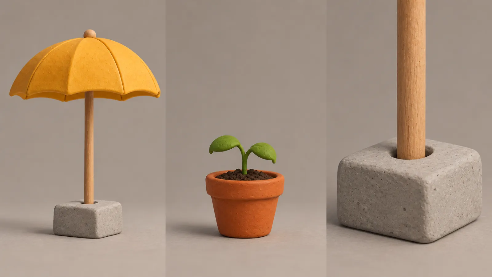 黄伞、两叶幼苗与带圆孔石座的道具参考,说明雨伞放手后的支撑来源