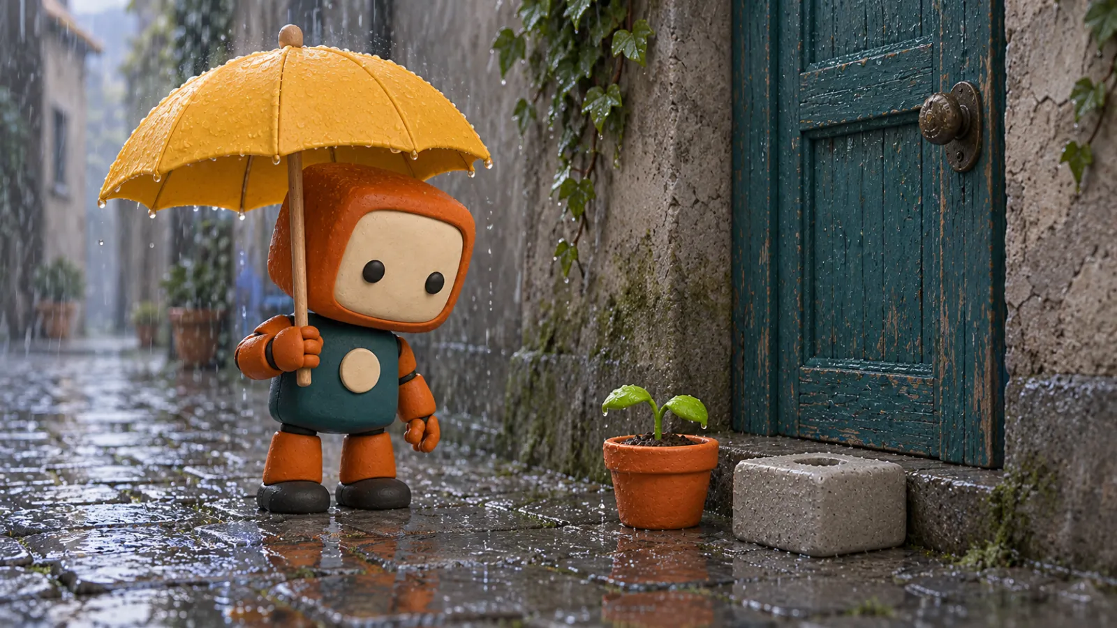 栗栗撑伞靠近青绿木门旁的花盆,雨巷石板、木门和石座建立同一空间