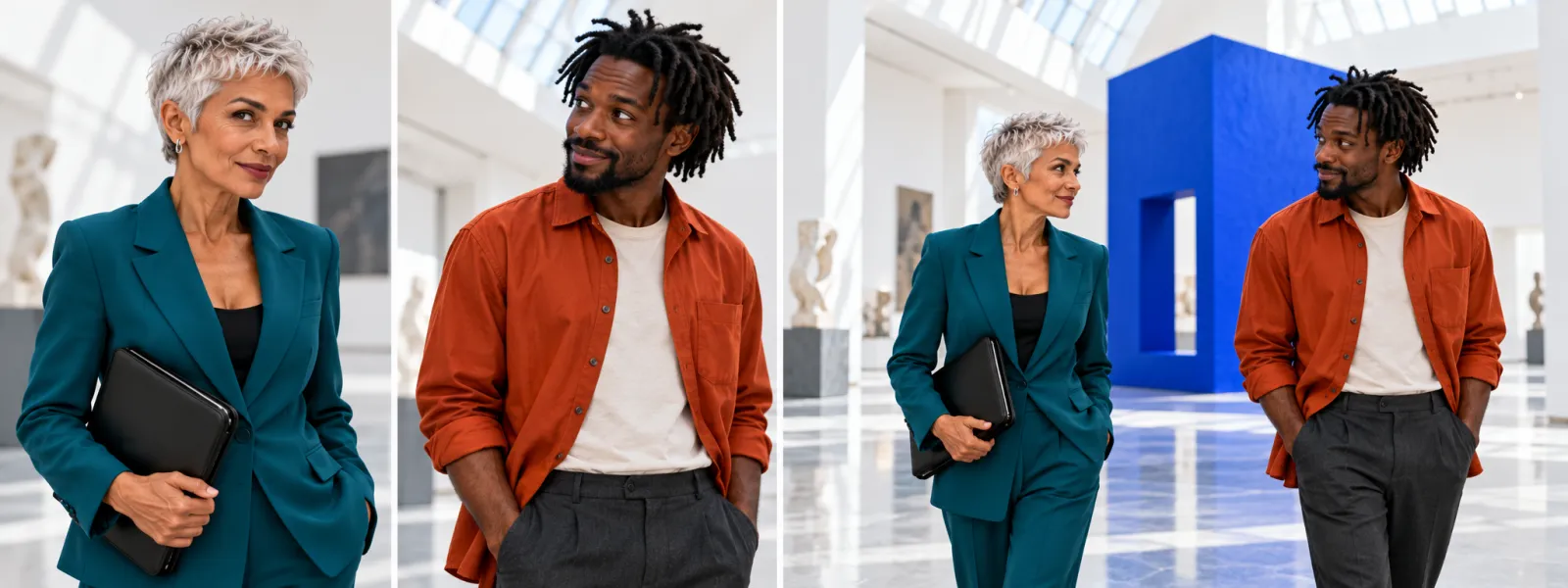 Separate portraits and shared blocking for Inez and Malik