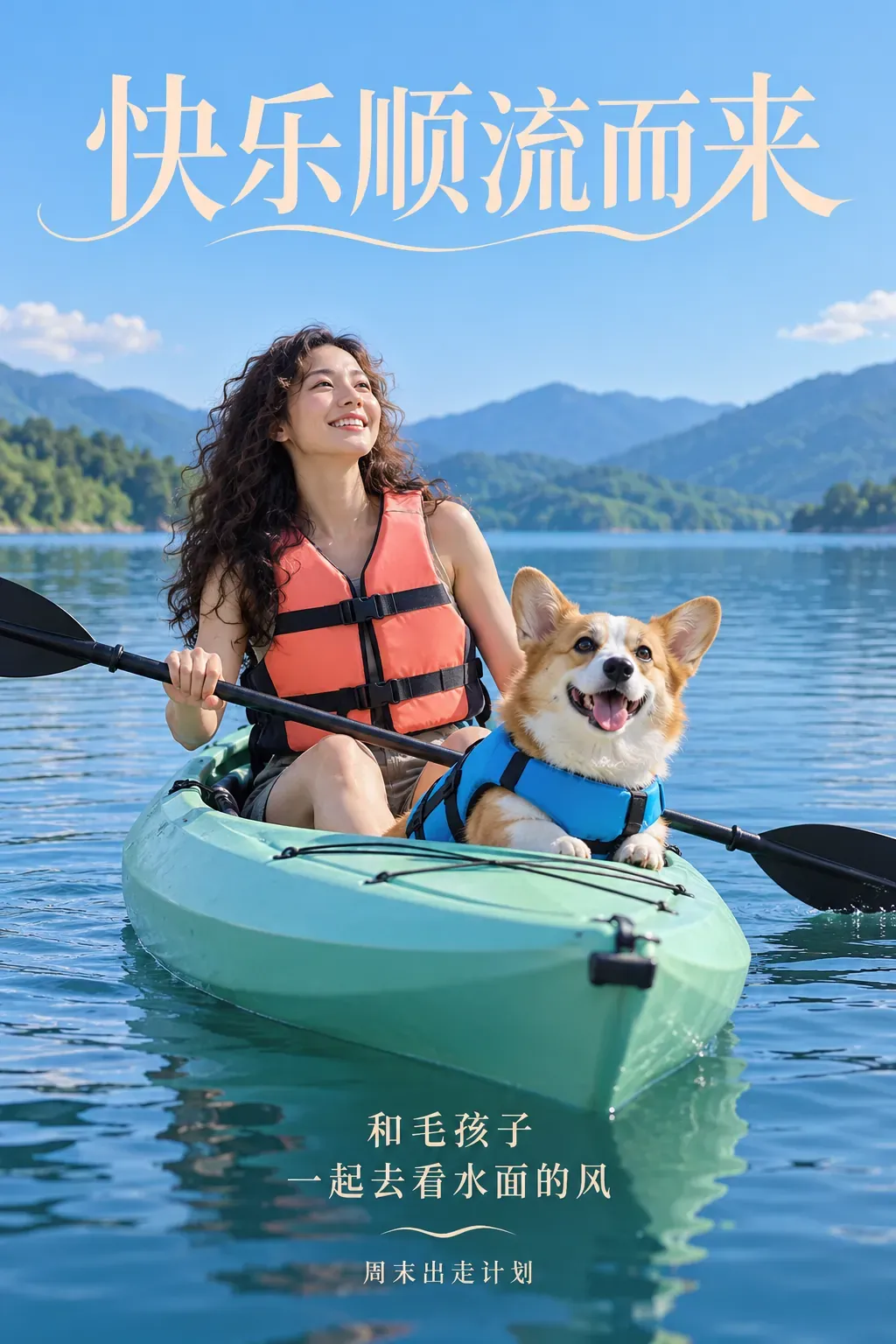 Mujer y perro corgi haciendo kayak en un lago pintoresco | Prompts para la generación de imágenes por IA