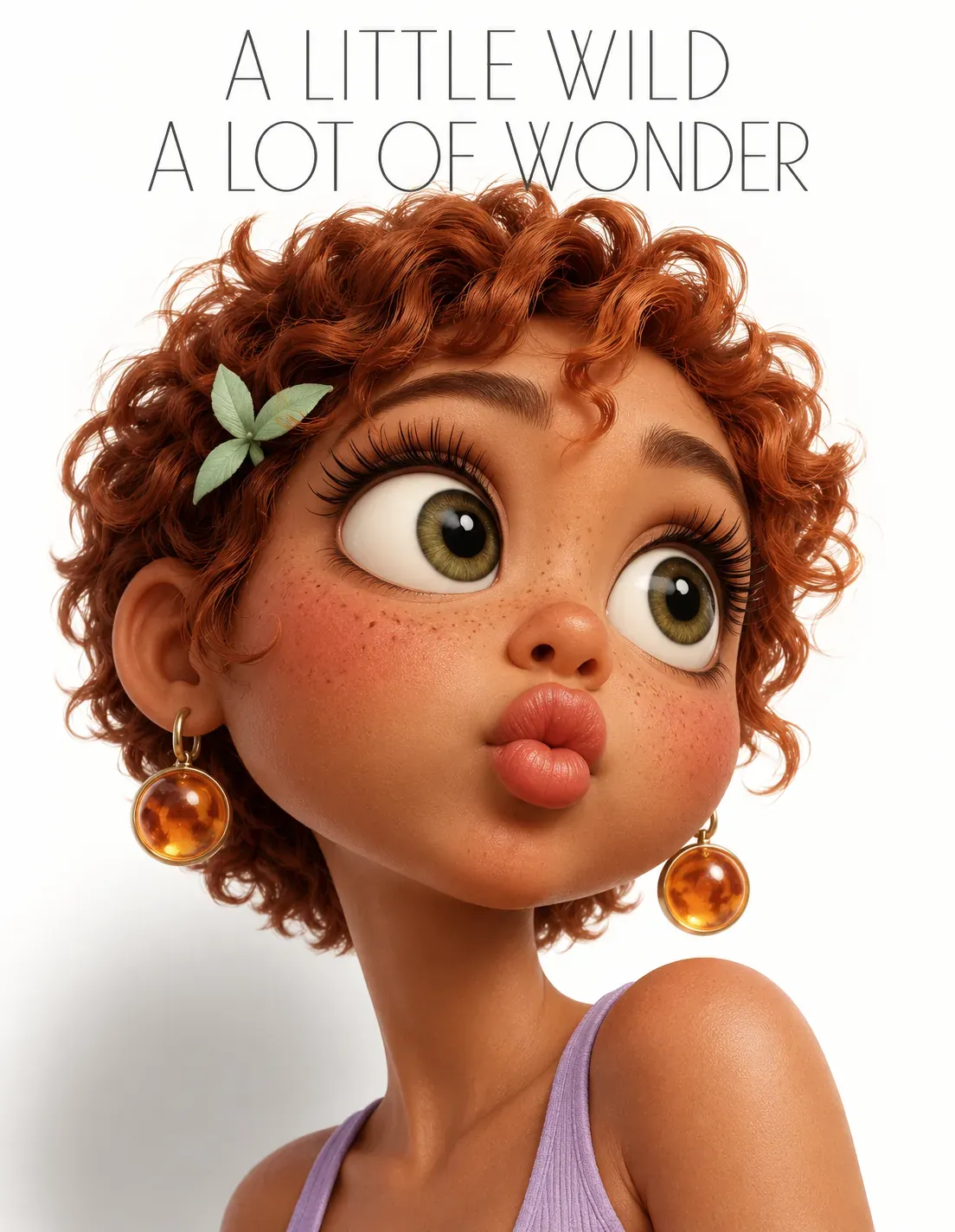 Chica de dibujos animados en 3D, linda, con cabello rojo rizado y pecas | Prompts para generación de imágenes por IA